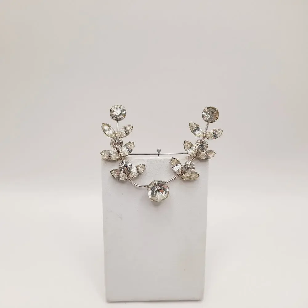 Vintage Clear Rhinestone Brooch Mid-Century Silver Tone Wedding Pin 2 1/2 Inch